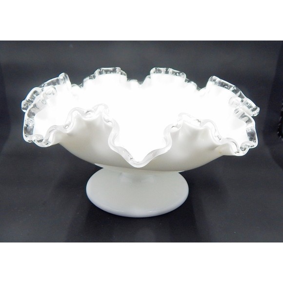 Fenton Silver Crest Milk Glass Ruffled Pedestal Compote Candy Dish Bowl - Picture 3 of 9